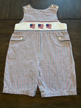Mom & Me Smocked Flags Red/Blue Checked One-Piece Patriotic Romper